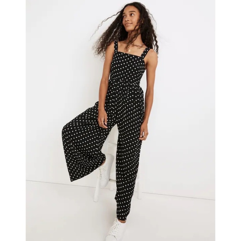 Madewell‎ Tank Wide-Leg Jumpsuit in Polka Dot Black White Smocked Back Size 00